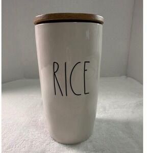Rae Dunn Ceramic Tall Rice Canister with Wooden Lid Kitchen Storage Dimpled 202